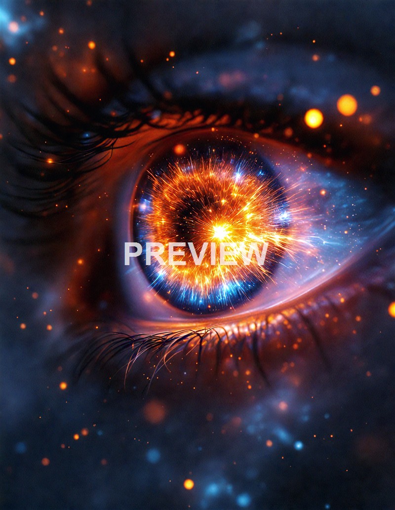 A close-up image of a human eye with the iris replaced by a vibrant, fiery explosion resembling a supernova, surrounded by glowing sparks and cosmic dust.